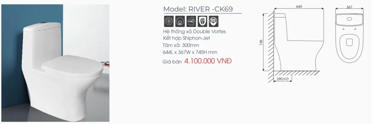 BỒN CẦU KHỐI THIÊN THANH RIVER CK69 NẮP ÊM