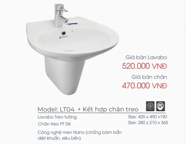 LAVABO THIÊN THANH LT04 + CHÂN TREO PT04