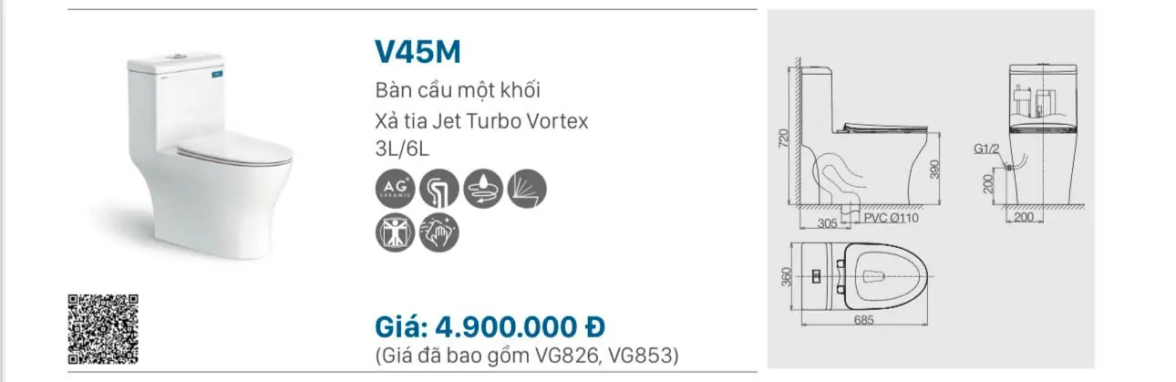  BỒN CẦU LIỀN KHỐI VIGLACERA V45M NẮP ÊM