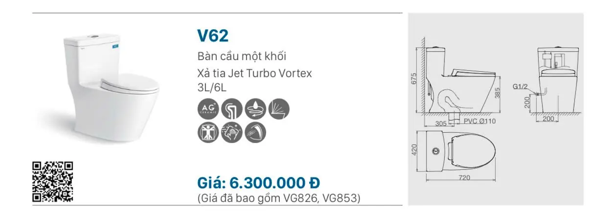 BỒN CẦU LIỀN KHỐI VIGLACERA V62 NẮP ÊM