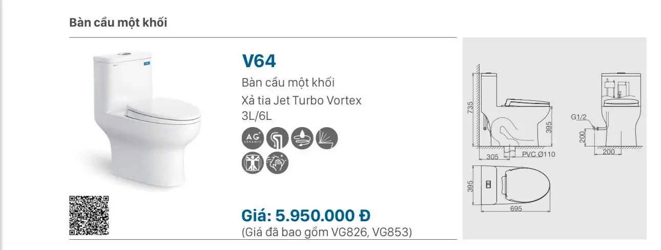 BỒN CẦU LIỀN KHỐI VIGLACERA V64 NẮP ÊM