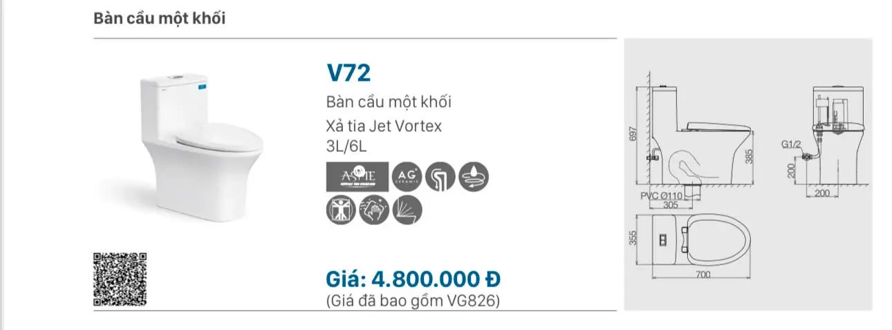 BỒN CẦU LIỀN KHỐI VIGLACERA V72 (V700) NẮP ÊM