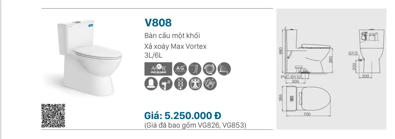  BỒN CẦU LIỀN KHỐI VIGLACERA V808 NẮP ÊM