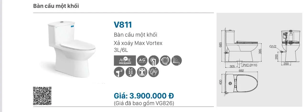 BỒN CẦU LIỀN KHỐI VIGLACERA V811 NẮP ÊM