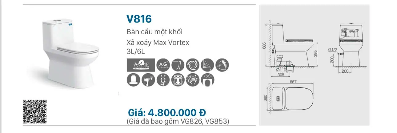 BỒN CẦU LIỀN KHỐI VIGLACERA V816 NẮP ÊM