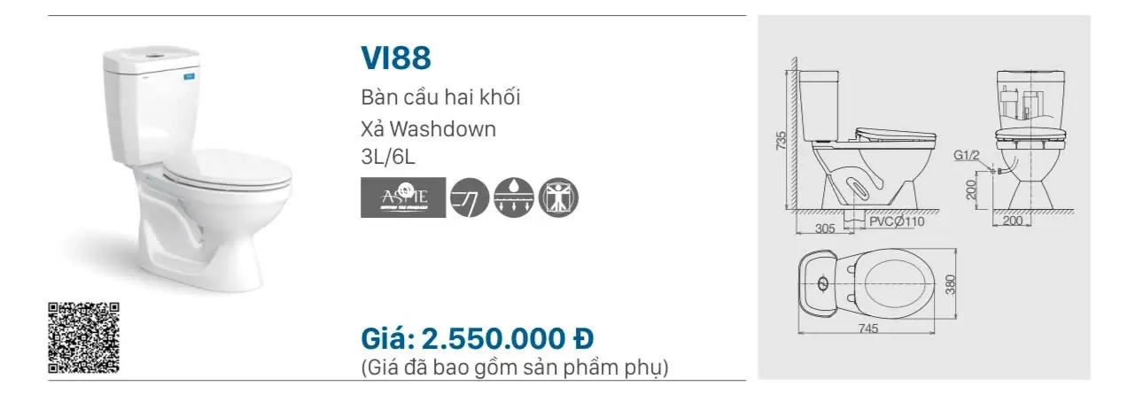 BỒN CẦU HAI KHỐI VIGLACERA VI88